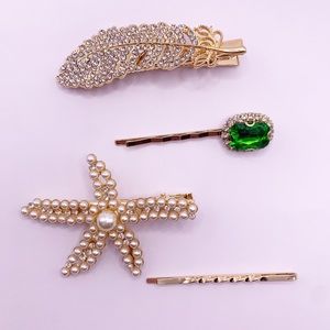 Gold Pearl starfish and white rhinestones hair clips